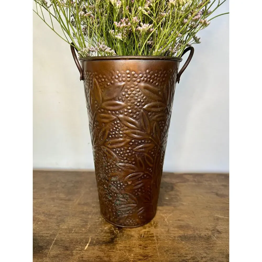 Vintage French Style Embossed Copper Vase Farmhouse Cottagecore Decor
